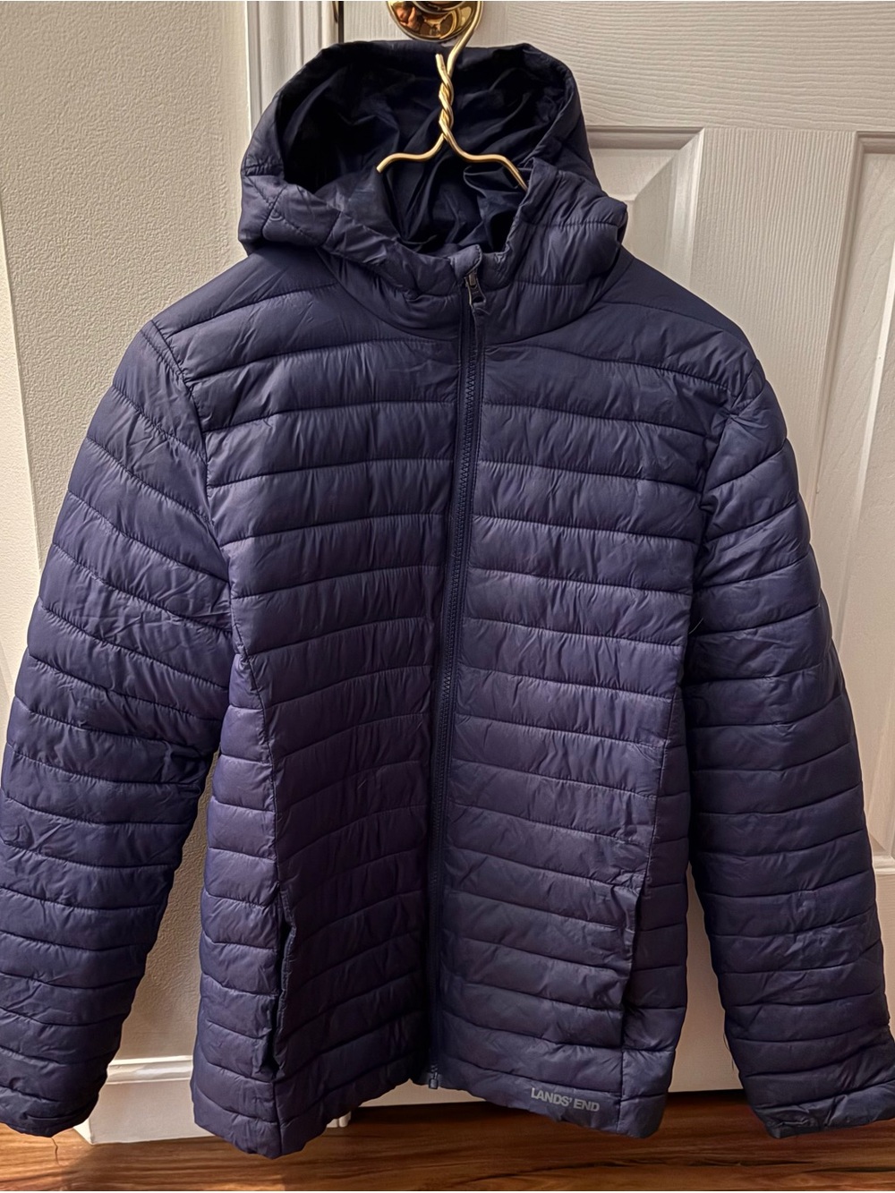 Lands' End Navy Packable Quilted Hooded Jacket